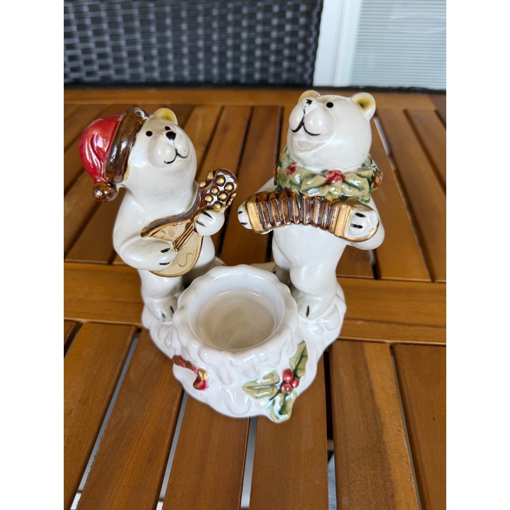 Christmas Polar Bear Ceramic Candle Holder Musical Bears Votive Decor